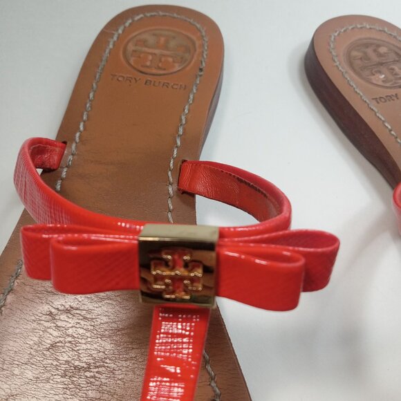 Tory Burch Flat Patent Leather Thong Sandals Women Flip Flop Orange Logo US 7.5 - Picture 6 of 16